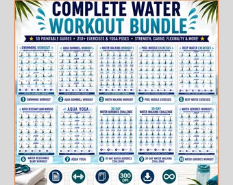 Water Workout Printable Bundle, Water Aerobics, Pool Noodle Exercises for Seniors & Beginners, Aqua Yoga, Aquatic Fitness, Low Impact PDF