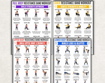 Resistance Band Workout Printable Set, Full Body, Upper, Lower & Chair Exercises for Seniors, Home Gym Poster