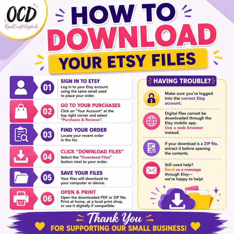 May include: An instructional graphic titled HOW TO DOWNLOAD YOUR ETSY FILES with the logo OCD OpalCraftDigitals. It lists six numbered steps for downloading files and a section titled HAVING TROUBLE with tips for account access and file extraction.