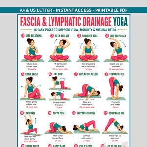 May include: A printable PDF chart titled Fascia & Lymphatic Drainage Yoga featuring 16 numbered illustrations of yoga poses. Each pose shows a person in teal and pink athletic wear with instructional text for flow, mobility, and natural detox.