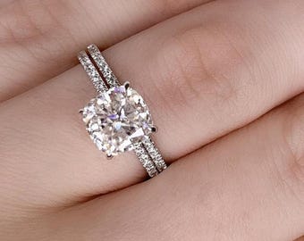 Cushion Cut Moissanite Wedding Bridal Ring Set, 18K White Gold Hidden Halo & Half Eternity Pave Set Band, Vintage Ring Set, Ring For Women