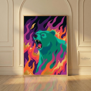 Maximalist Printable Poster, Bear in Flames Wall Art, Digital Download Trendy  Decor