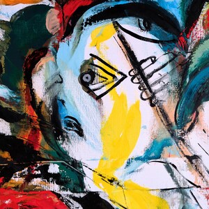 Puede incluir: Pintura expresionista abstracta con una composici&oacute;n similar a un rostro. La obra presenta pinceladas audaces en colores vibrantes, incluyendo amarillo, rojo, negro, azul y verde. La pintura est&aacute; sobre un lienzo blanco.