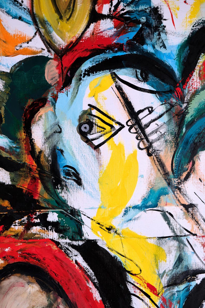 Puede incluir: Pintura expresionista abstracta con una composici&oacute;n similar a un rostro. La obra presenta pinceladas audaces en colores vibrantes, incluyendo amarillo, rojo, negro, azul y verde. La pintura est&aacute; sobre un lienzo blanco.