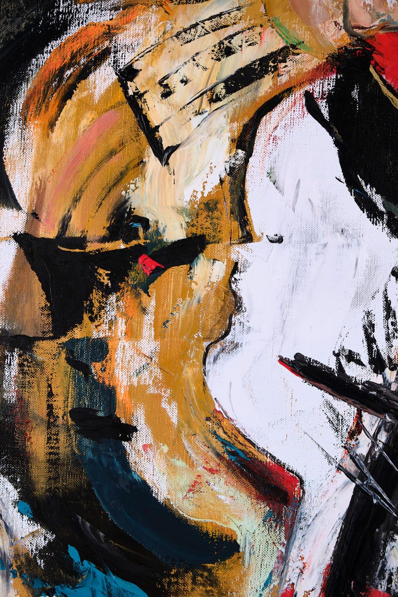 Puede incluir: Pintura expresionista abstracta con una paleta de oro, negro, blanco y rojo. La obra presenta pinceladas audaces y un lienzo texturizado, creando una composici&oacute;n din&aacute;mica y en&eacute;rgica. El tema es ambiguo, invitando a la interpretaci&oacute;n.