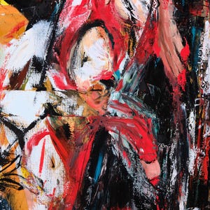 Puede incluir: Pintura expresionista abstracta con pinceladas audaces. La obra presenta una paleta vibrante de rojo, negro, blanco y amarillo. La composici&oacute;n sugiere figuras o rostros, con movimiento y textura din&aacute;micos, creando un impacto visual dram&aacute;tico.