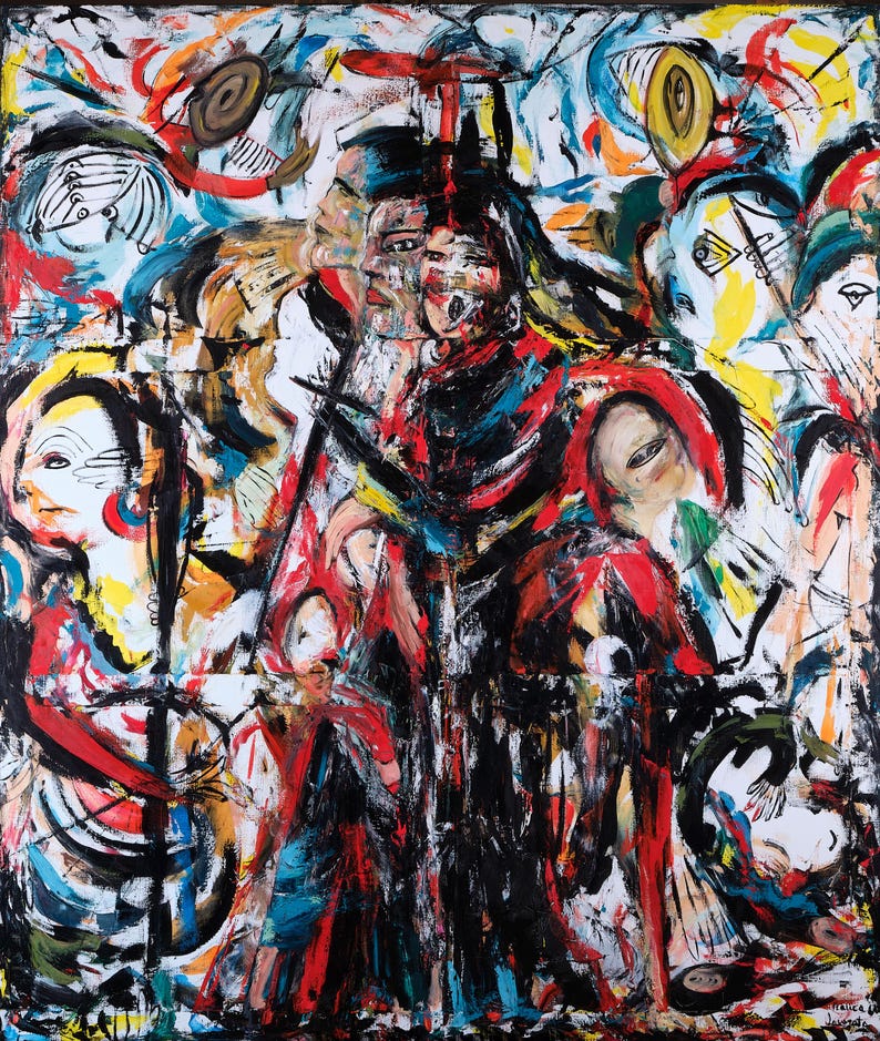 Puede incluir: Pintura expresionista abstracta con una vibrante mezcla de colores. La obra presenta m&uacute;ltiples rostros y figuras, con pinceladas audaces en rojo, negro, azul y amarillo. La composici&oacute;n es din&aacute;mica y en&eacute;rgica, con una superficie texturizada.