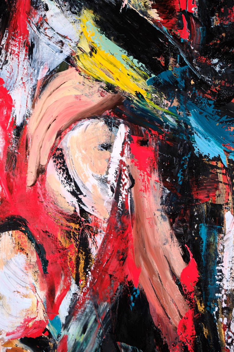 Puede incluir: Pintura expresionista abstracta con pinceladas audaces. La obra presenta una composici&oacute;n din&aacute;mica de pintura roja, negra, amarilla, azul y blanca. La textura es gruesa y en capas, creando una sensaci&oacute;n de profundidad y movimiento.