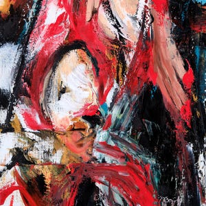 Puede incluir: Pintura expresionista abstracta con pinceladas audaces. La obra presenta una forma similar a un rostro con colores blanco, rojo y negro. La pintura tiene una superficie texturizada, con pinceladas visibles y una composici&oacute;n din&aacute;mica.