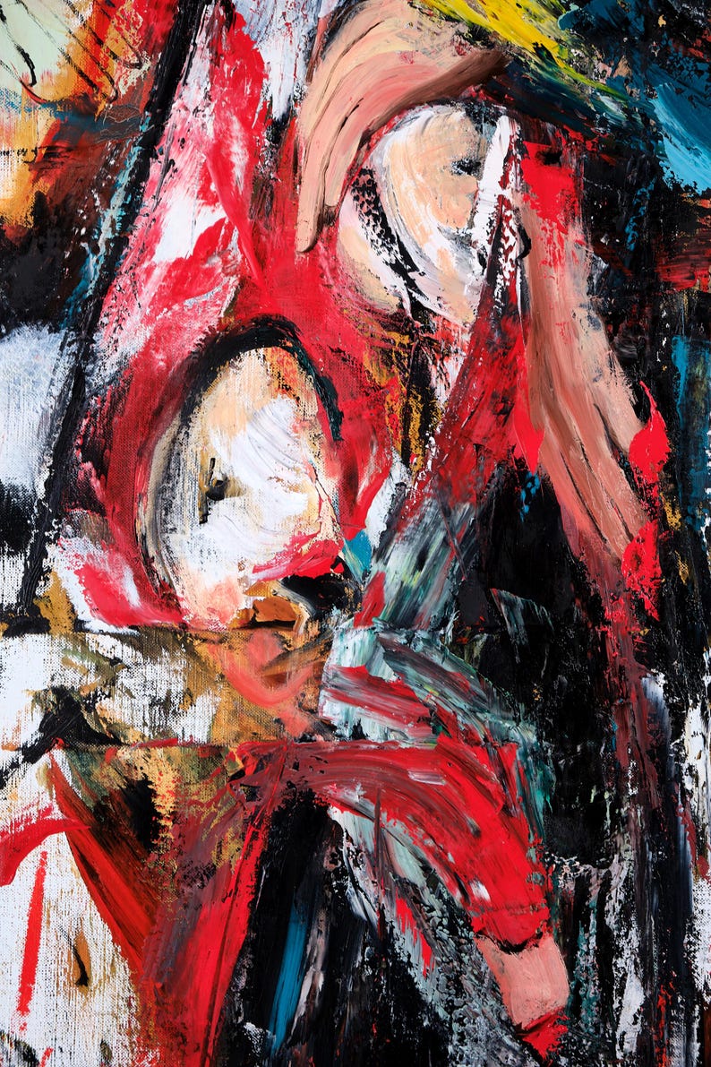 Puede incluir: Pintura expresionista abstracta con pinceladas audaces. La obra presenta una forma similar a un rostro con colores blanco, rojo y negro. La pintura tiene una superficie texturizada, con pinceladas visibles y una composici&oacute;n din&aacute;mica.