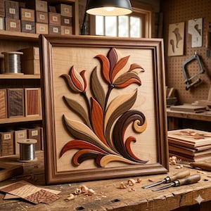 Könnte beinhalten: Gerahmte Holzreliefskulptur mit floralem Design. Das Kunstwerk zeigt ein stilisiertes Blumendesign mit Blütenblättern in Braun-, Orange- und Cremetönen. Der Rahmen ist dunkelbraun und der Hintergrund hell. Das Stück wird auf einer Holzwerkbank ausgestellt.