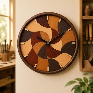 Puede incluir: Un reloj de pared redondo de madera con un marco marrón oscuro. La esfera del reloj presenta un diseño único de segmentos de madera arremolinados en tonos marrón claro, marrón medio y marrón oscuro. Las manecillas del reloj son negras y los marcadores de hora son pequeños rectángulos.