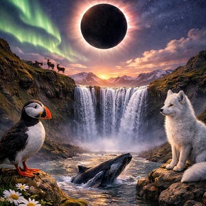 Può includere: Illustrazione digitale di un'eclissi solare totale sull'Islanda, 12 agosto 2026. L'immagine presenta una cascata, una pulcinella di mare, una volpe artica bianca e una balena. Il cielo mostra l'aurora boreale e un sole scuro.