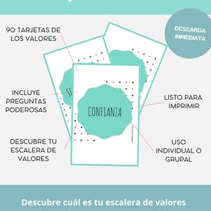 May include: A graphic design featuring cards with the text "Las tarjetas de los Valores" and "Confianza". The cards are light blue with white text and black dots. Text includes "90 tarjetas de los valores", "Descubre tu escalera de valores".