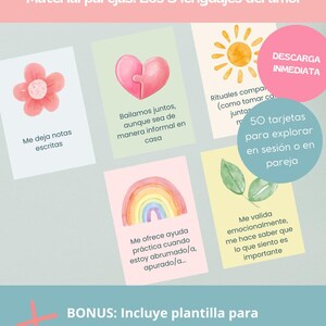 Puede incluir: Un conjunto de tarjetas con ilustraciones en acuarela y texto en español. Las tarjetas presentan imágenes de una flor, un corazón, un sol, un arcoíris y hojas. El texto incluye frases sobre el amor y las relaciones, con una plantilla online de bonificación.