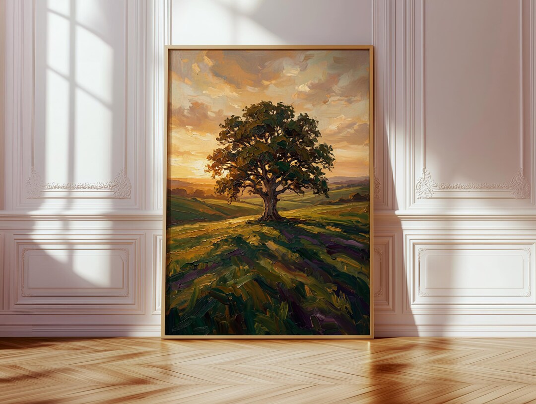 Lone Oak Tree Oil Painting Print | Golden Hour Landscape Wall Art ...