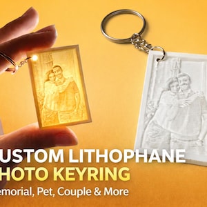May include: A custom lithophane photo keyring, rectangular in shape, displaying a couple's image. The keyring is shown in two versions: one illuminated and one in white. The text "CUSTOM LITHOPHANE PHOTO KEYRING" is visible.