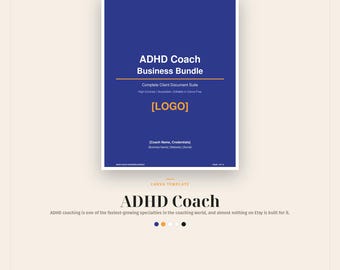 ADHD Coach Canva Template, Complete Business Bundle, Intake + Welcome Guide + 30 Social Posts, 60 Pages
