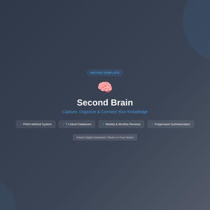 May include: A digital product graphic with the title "Second Brain" and the subtitle "Capture, Organize & Connect Your Knowledge." The design features a pink brain graphic and bullet points highlighting key features. The background is a gradient of dark blue.