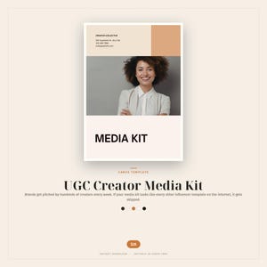 May include: A beige and peach UGC Creator Media Kit template with the text "MEDIA KIT" and a photo of a smiling person. The template includes the text "UGC Creator Media Kit" and contact information.