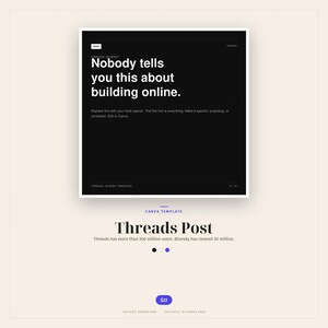 May include: A digital template for a Threads post, featuring a black and white design with the text "Nobody tells you this about building online." The template includes space for text and is designed for Canva.