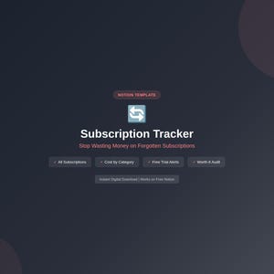 Könnte beinhalten: Grafik für ein digitales Produkt mit dem Text "Subscription Tracker" und dem Slogan "Stop Wasting Money on Forgotten Subscriptions". Enthält "All Subscriptions", "Cost by Category" und "Free Trial Alerts". Der Preis beträgt 8 €.