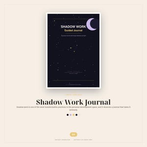 May include: A guided journal titled "Shadow Work" with a dark blue cover featuring a constellation design and a crescent moon. The journal's title is displayed in white, with the subtitle "Guided Journal" in a smaller font. The journal is a Canva template.