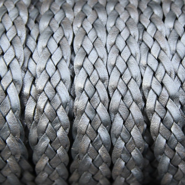10mm Metallic Grey Flat 5-Strand Braided Leather Cord - Silver