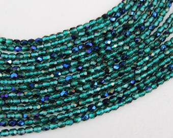 Green Blue Iris Czech Glass Faceted 4mm Beads 16 inch Full Strand - Approx 100 Beads - Peacock Beads
