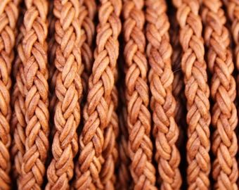 8mm Light Brown Round Braided Bolo Leather Cord - Natural Dye - 8mm Wide - 8 Strand Braided Cord - 8 Ply