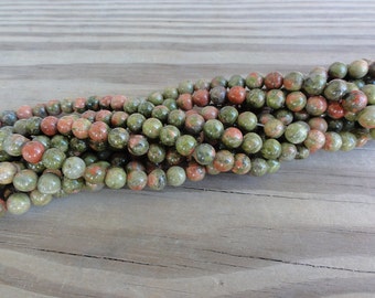 6mm Unakite Beads - Round - full strand - Green & Pink Stone - Natural