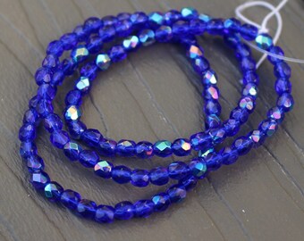 Light Cobalt Blue with AB Finish Firepolished Czech Glass Faceted 4mm Beads 16 inch Full Strand - Approx 100 Beads
