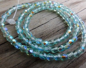 Light Aqua Czech Glass Faceted 4mm Beads 16 inch Full Strand with AB Finish