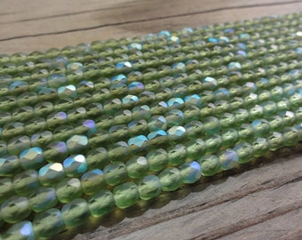 Matte Light Green with AB Finish Czech Glass Faceted 4mm Beads 16 inch Full Strand - Approx 100 Beads