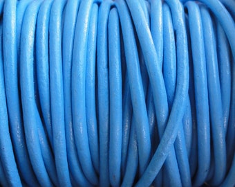 2mm Sky Blue Leather Cord - Genuine Leather 2mm Round Cord - By the Yard