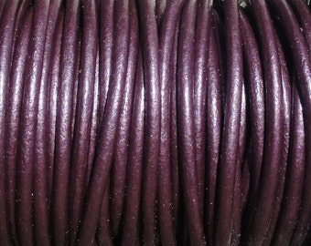 2mm  Metallic Berry Purple Genuine Leather Cord - 2mm Round Cord - By the Yard