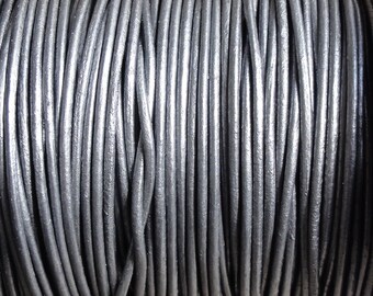 1mm Metallic Grey Genuine Leather Cord 1.0mm Round Cord - Metallic Silver - 2 Yard Increments