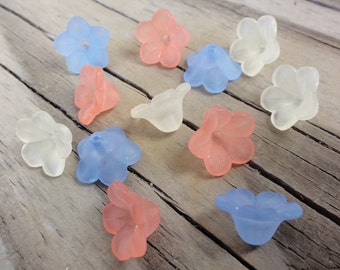 12 Small Lucite Flowers - Pink, Yellow & Blue - Matte Frosted Plastic Acrylic Mix 11x7mm