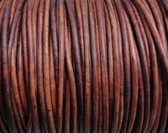 1.5mm Distressed Red Brown Genuine Leather Round Cord Natural Dye - By the Yard