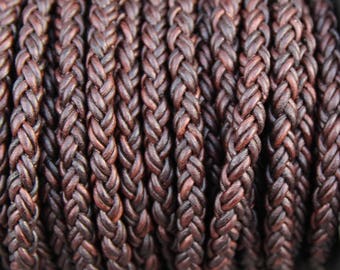 8mm Antique Brown Round Braided Bolo Leather Cord - Natural Dye - 8mm Wide - 8 Strand Braided Cord - 8 Ply