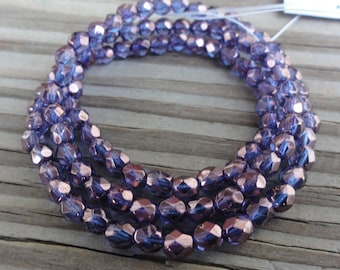 Metallic Purple Czech Firepolished Glass Faceted 4mm Beads 16 inch Full Strand - Approx 100 beads