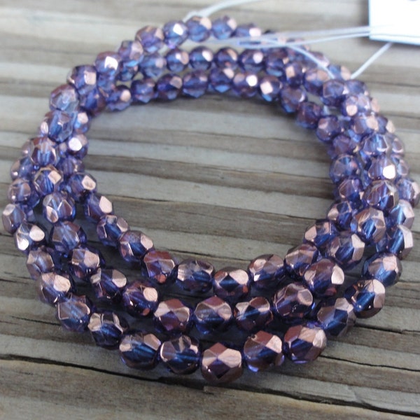 Metallic Purple Czech Firepolished Glass Faceted 4mm Beads 16 inch Full Strand - Approx 100 beads