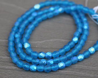 Matte Blue with AB Finish Czech Glass Faceted 4mm Beads 16 inch Full Strand - Approx 100 Beads