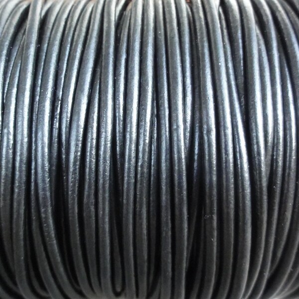 2mm Metallic Gunmetal Leather Cord - Round - Metallic Black - By the  Yard