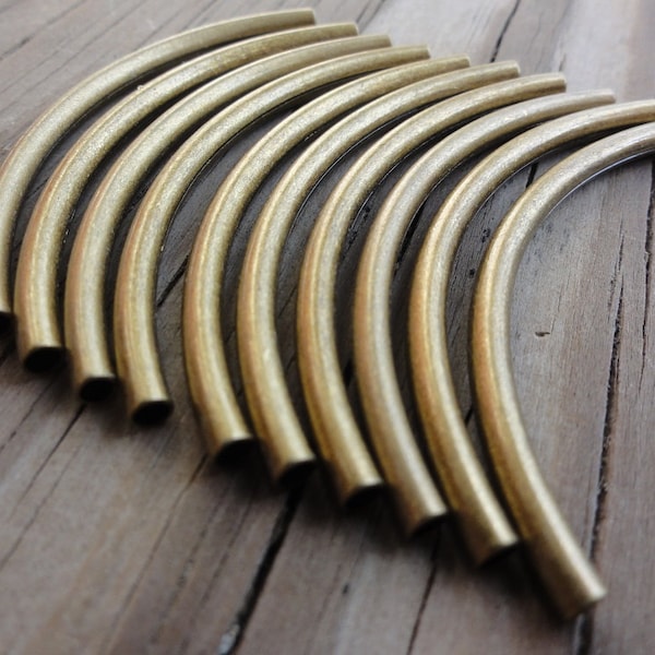 Curved Metal Tube Beads Antiqued Gold Plated Brass 50x3mm - Great for Leather Bangle Bracelets
