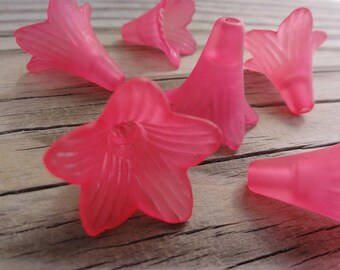 Lucite Flower Beads - Dark Pink, Fuchsia Matte Frosted Large Trumpet Lily 22x22mm