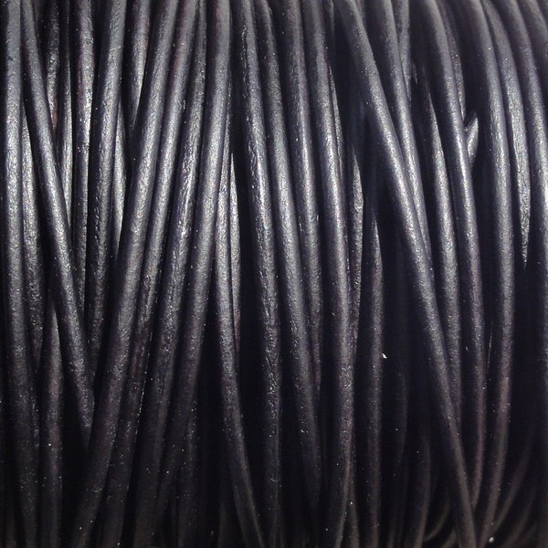 2mm Black Leather Cord  -  Black Natural Dyed Matte Finish - By the Yard