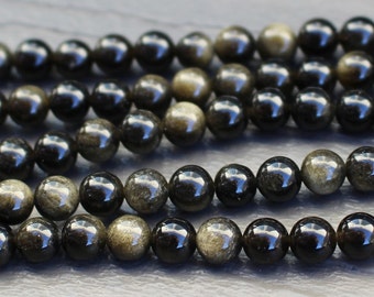 6mm Golden Sheen Obsidian Beads  - Natural - Grade A - 6mm Round Smooth - Half or Full Strand - Black Goldsheen Gold Beads