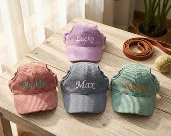 カスタム刺繍入り犬用帽子、耳穴付きコーデュロイ猫用帽子、名入れペットキャップ、犬好きのお父さんへのギフト、子犬の記念品