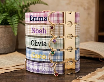 カスタム刺繍入り犬用首輪、誕生石チャーム付き犬用首輪、ゴールドメタルバックル付きパーソナライズ猫用首輪、女の子・男の子・犬・猫へのギフト